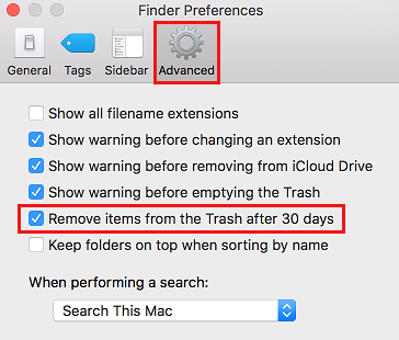 Remove Items from Trash After 30 Days Option on Mac