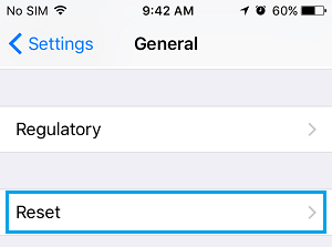 Reset Tab on iPhone General Settings Screen