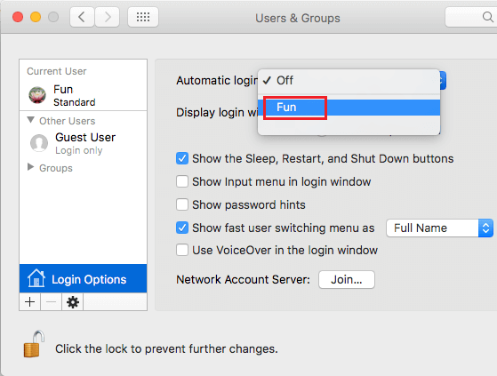 Choose User Account to Enable Automatic Login on Mac