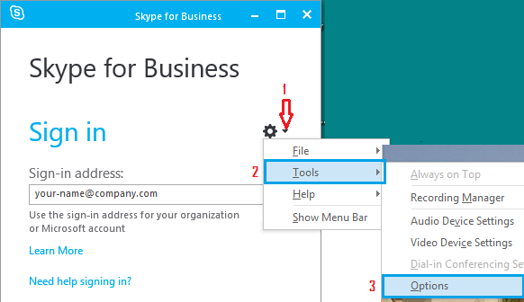 Tools and Options Tab in Skype for Business App in Windows 10