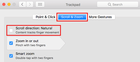 Uncheck Scroll Direction Natural for Trackpad on Mac