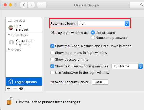 Automatic Login Enabled For User Account on Mac