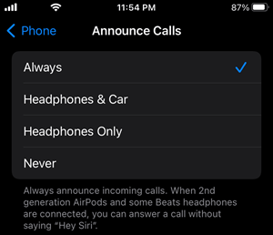 Announce Calls Options on iPhone