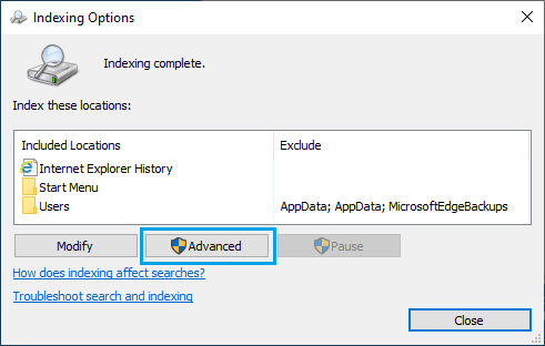 Open Advanced Indexing Option in Windows