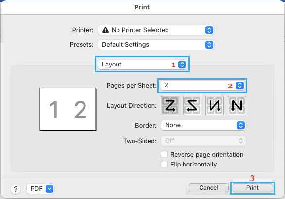 Select 2 Pages Per Sheet Option on Mac