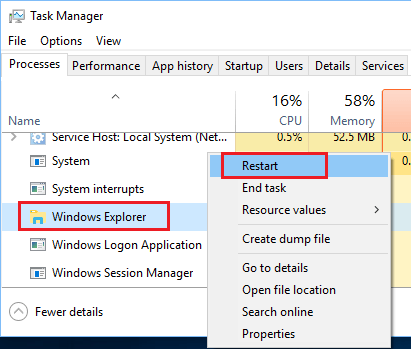 Restart Windows Explorer Option in Windows 10 Task Manger Screen