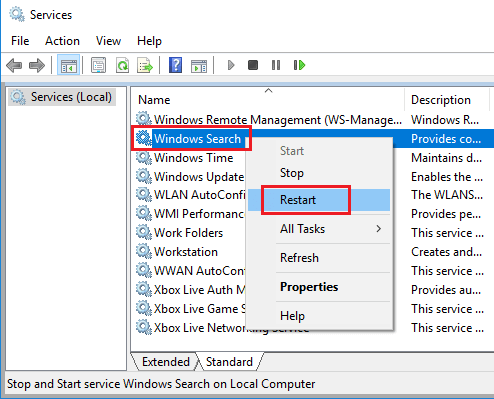 Restart Windows Search Service in Windows 10