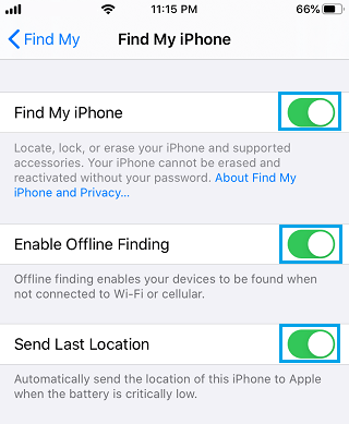 enable find my iphone