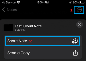 Share Note Option on iPhone