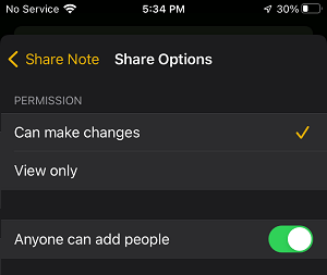 Shared Notes Settings Options on iPhone