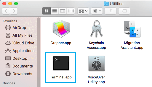 Terminal App in Mac Utilities Folder