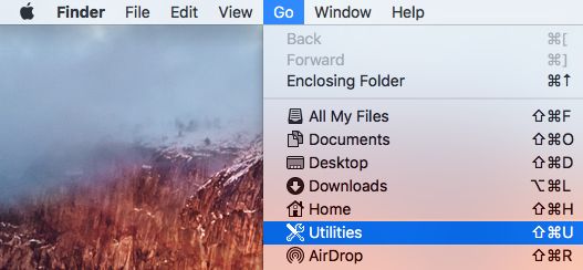 Utilities Option in the Go Menu of Mac