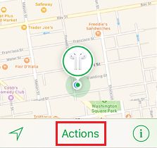 Actions Tab in Find My AirPods Service on iPhone