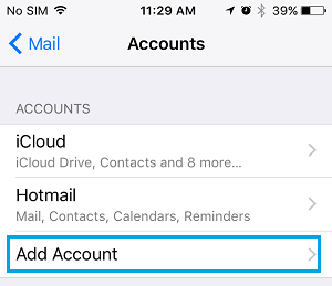 Add Account option in iPhone