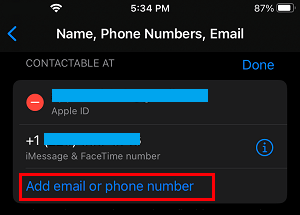 Add Email or Phone Number option on iPhone
