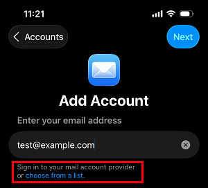 Choose Email Provider From List Option on iPhone