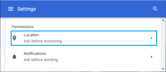Location Tracking Settings Option on Chrome Browser
