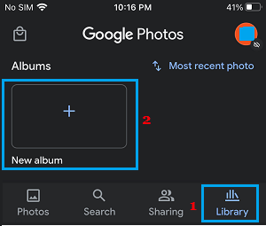 Select New Album Option in Google Photos