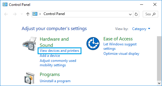 View Devices and Printers option in Windows Control Panel