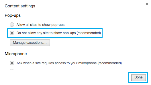 Do Not Allow Websites to Show Pop-ups Option in Chrome Settings