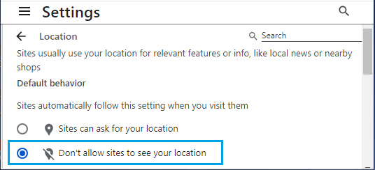 Do Not Allow Websites From Tracking Your Location Option in Chrome