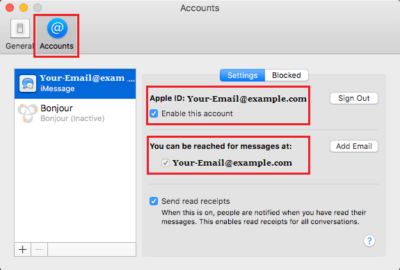 Accounts Settings Screen For iMessages on Mac 