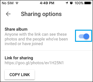 Enable Share Album Option in Google Photos App
