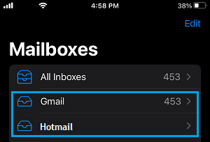 Gmail on iPhone Mailboxes Screen