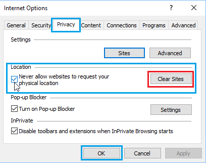 Never Allow Websites to Request Your Physical Location Option in Internet Explorer