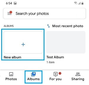 Create New Album Option in Android Photos App