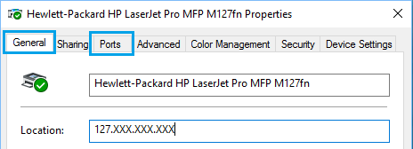Printer IP Address in Printer Properties Screen