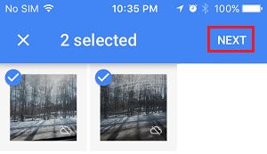 Select Photos and Next option in Google Photos