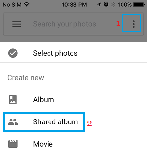 Shared Album option in Google Photos