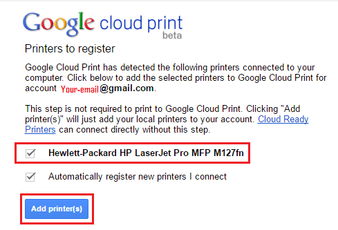 Add Selected Printers to Google Cloud Print