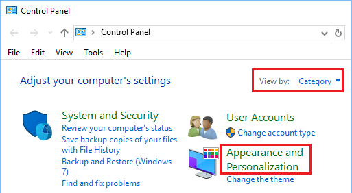 Appearance and Personalization Option in Control Panel Windows 10