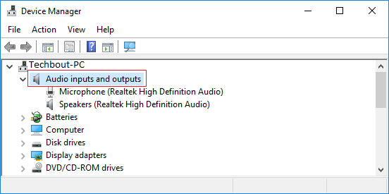 Audio inputs and Outputs Entry on Device Manager Screen in Windows 10