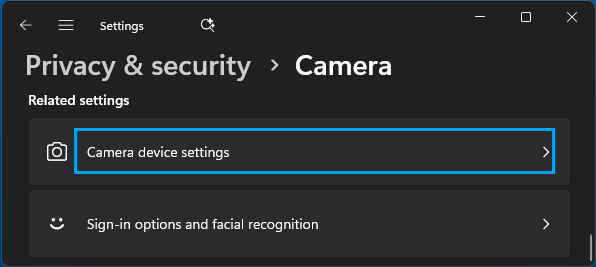 Camera Device Settings Option in Windows