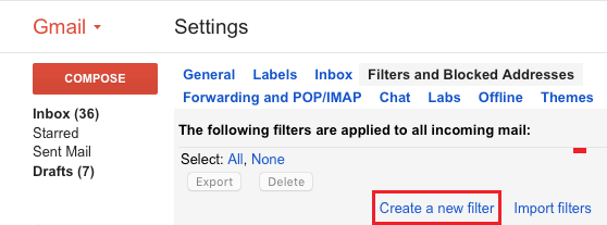 Create New Filter Option in Gmail