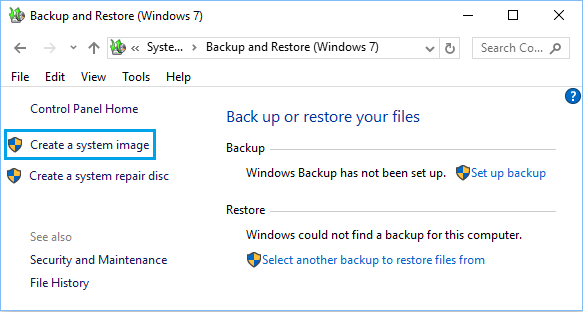 Create a System Image Using Backup and Restore in Windows 10