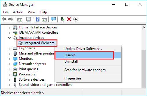 Disable Webcam Using Device Manager in Windows 10