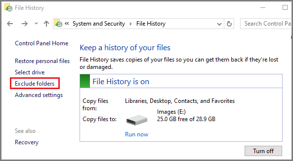 Exclude Folders Option in Windows File History