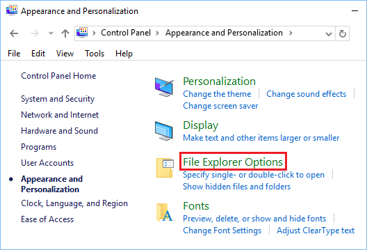 File Explorer Option in Control Panel Windows 10