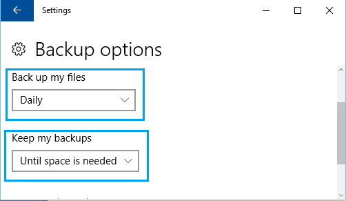 File History Backup Options in Windows 10