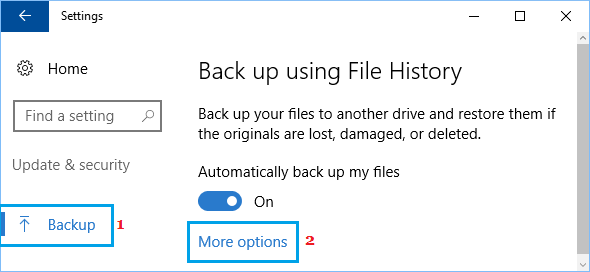 More Options Link in Windows 10 Backup and File History Section