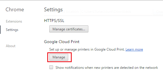 Manage Printers Option in Google Chrome Browser