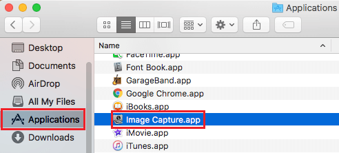 Image Capture App in Applications Folder on Mac