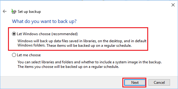 Let Windows Choose the Files to Backup option in Windows 10