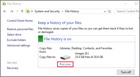 Manually Backup Files Using Windows File History Tool