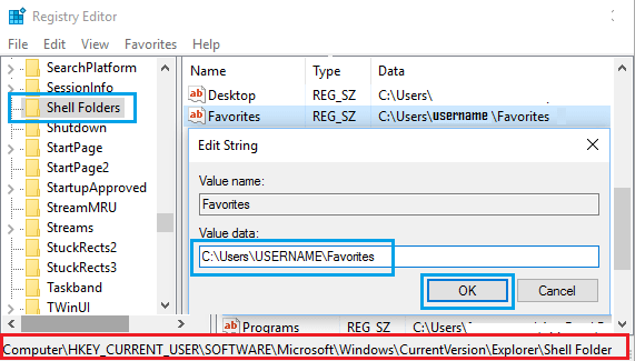 Edit Registry Value For Favorites Key in Windows 10