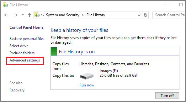 Open Advanced Settings in File History